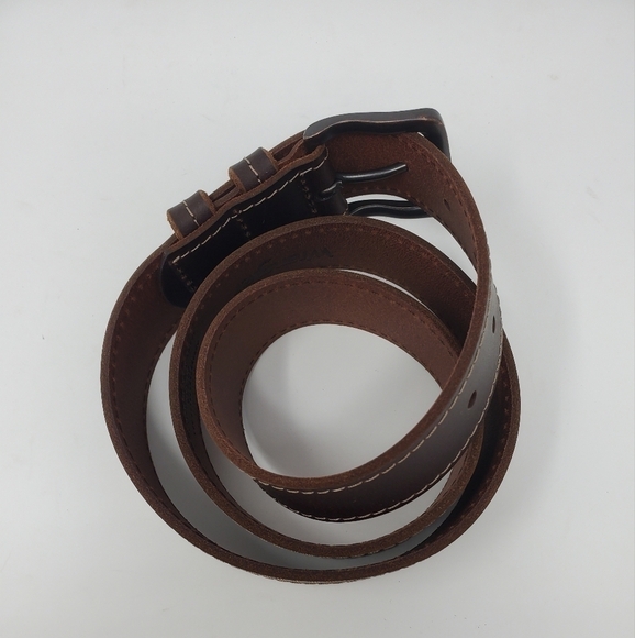 WRANGLER COCO BROWN LEATHER BELT TAN STITCHING PEWTER METAL BUCKLE MEN - Picture 5 of 12